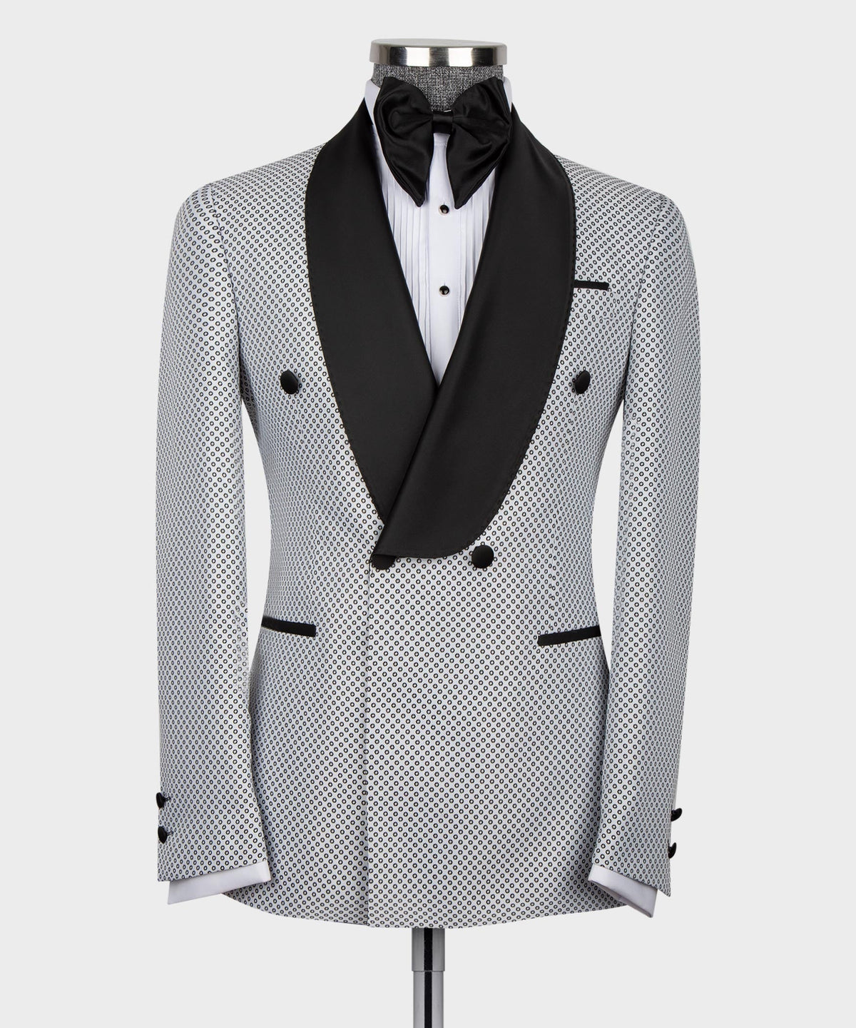 Dio Baby Lonian Men's White Spotted Black Lapeled Double Breasted Classic Tuxedo