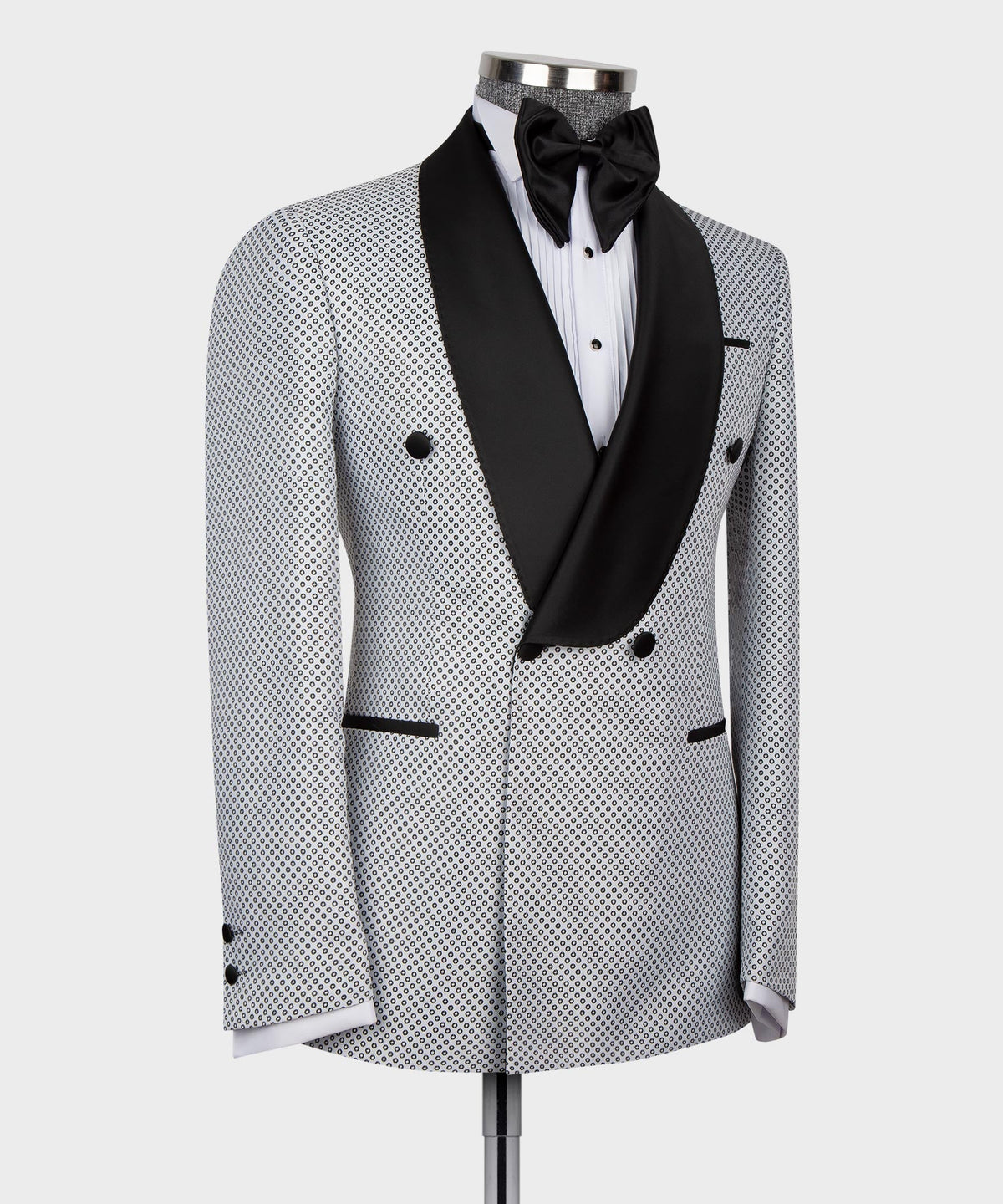 Dio Baby Lonian Men's White Spotted Black Lapeled Double Breasted Classic Tuxedo