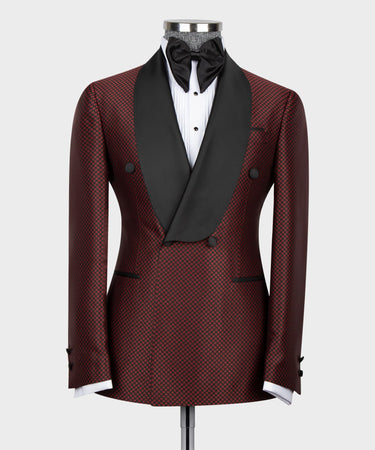 Red Spotted-Black Lapeled Double Breasted Classic Tuxedo