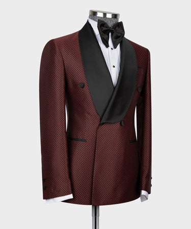 Red Spotted-Black Lapeled Double Breasted Classic Tuxedo