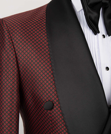 Red Spotted-Black Lapeled Double Breasted Classic Tuxedo