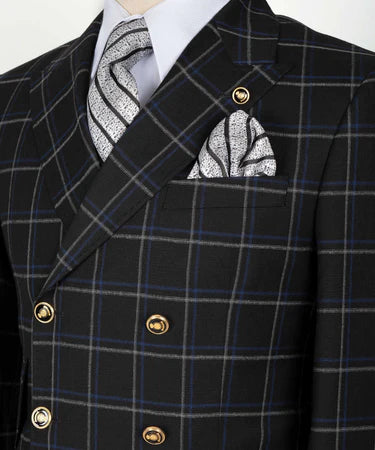 Blue And Gray Plaid Six Button Black Double Breasted Suit