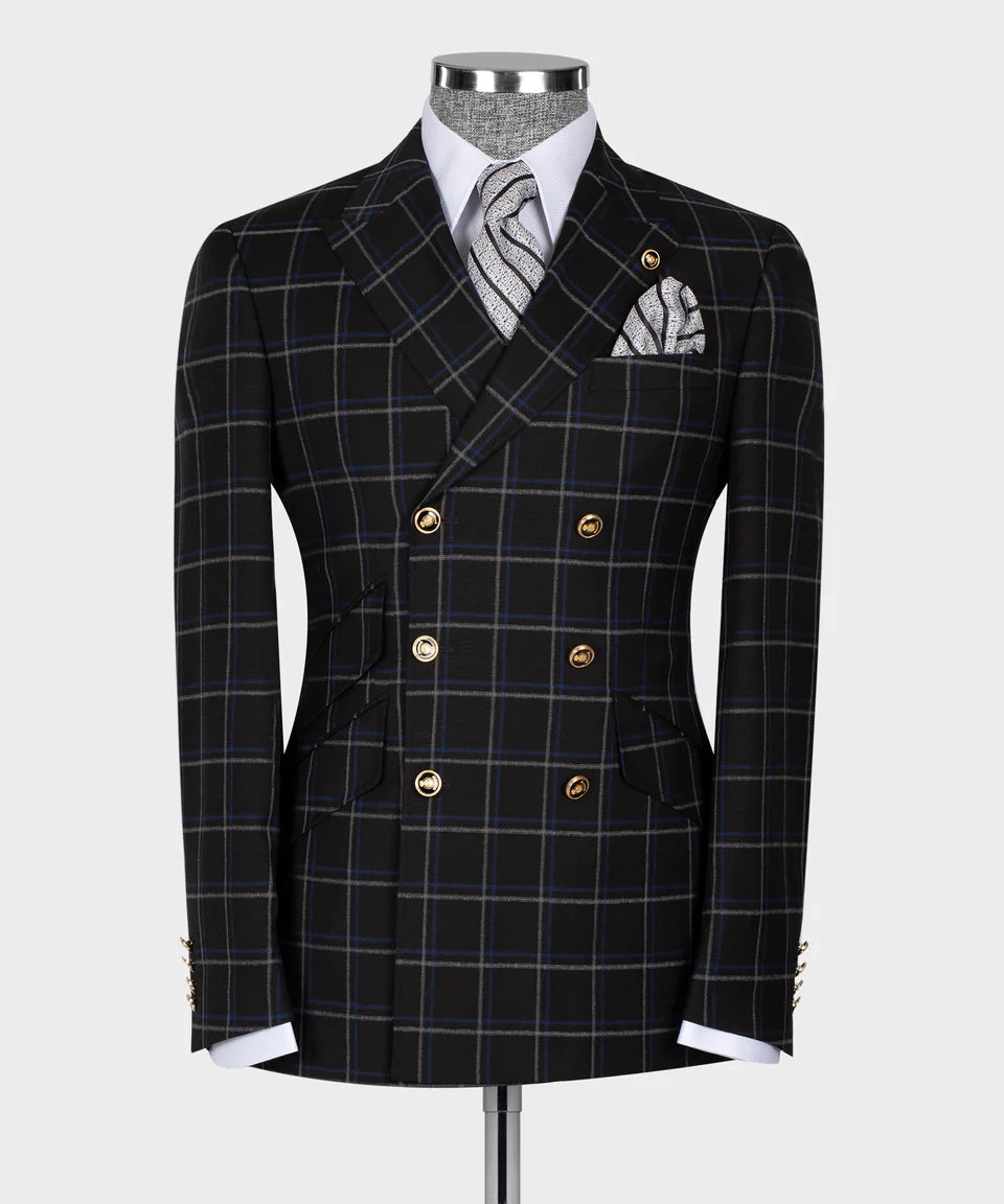 Blue And Gray Plaid Six Button Black Double Breasted Suit