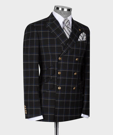 Blue And Gray Plaid Six Button Black Double Breasted Suit