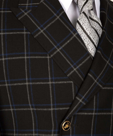 Blue And Gray Plaid Six Button Black Double Breasted Suit