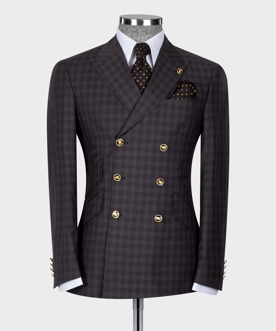 Black Plaid Six Button Gray Double Breasted Suit