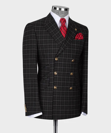 Gray Plaid Six Button Black Double Breasted Suit