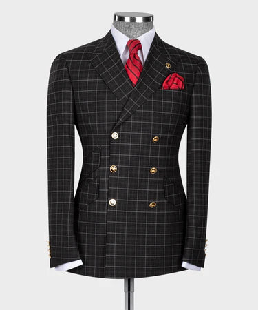 Gray Plaid Six Button Black Double Breasted Suit