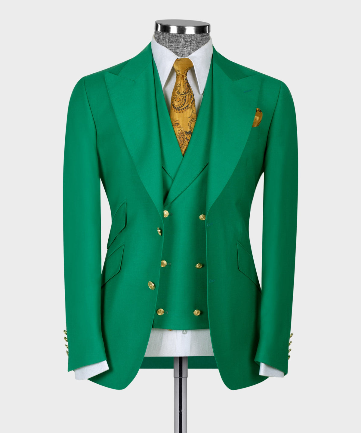 Dio Baby Lonian Men's Green 100% Wool Golden Button Vest Suit Straight Leg Trousers