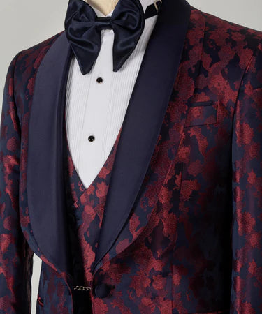 Dark Blue Double Lapeled Burgundy Tuxedo