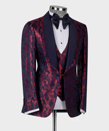 Dark Blue Double Lapeled Burgundy Tuxedo