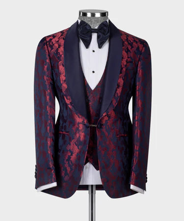 Dark Blue Double Lapeled Burgundy Tuxedo