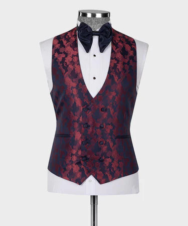 Dark Blue Double Lapeled Burgundy Tuxedo