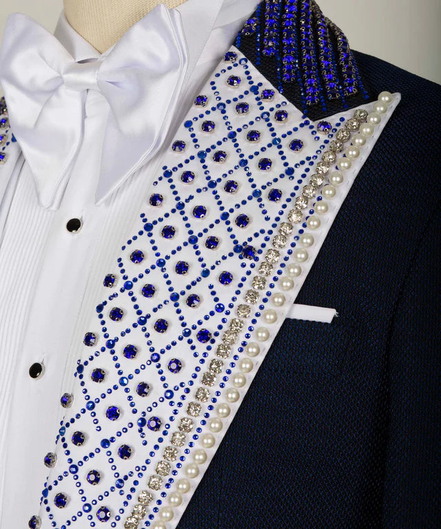 Blue Stone Embroidered Special White Collar Tuxedo