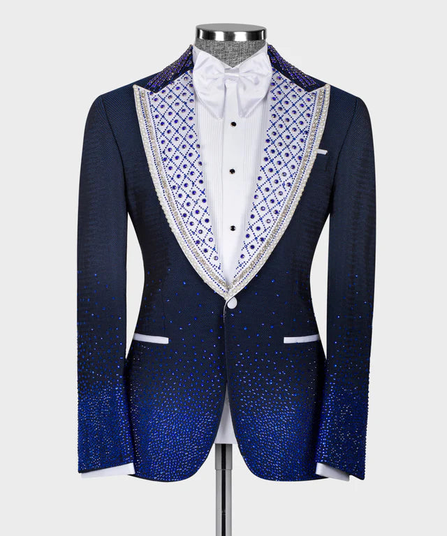 Blue Stone Embroidered Special White Collar Tuxedo