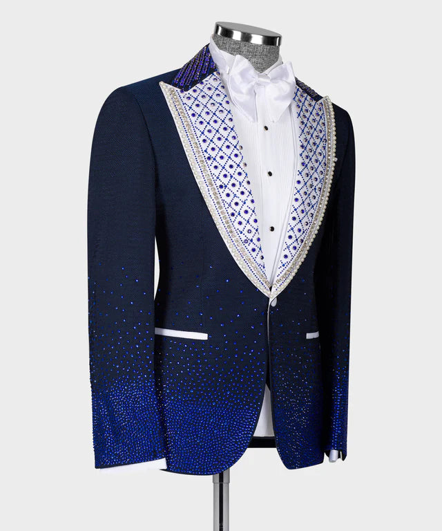 Blue Stone Embroidered Special White Collar Tuxedo