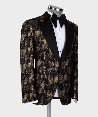 Black Satin Collar Gold Patterned Tuxedo