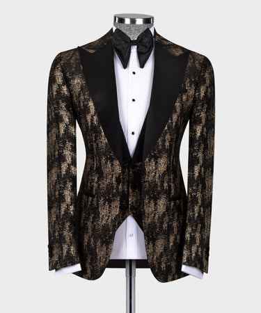 Black Satin Collar Gold Patterned Tuxedo