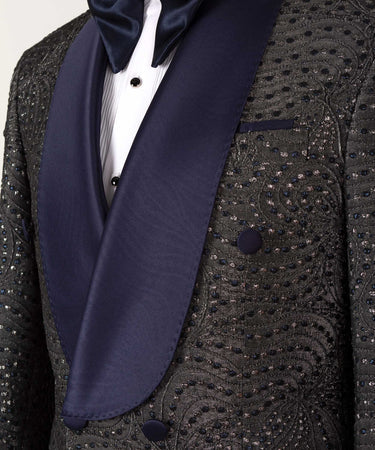 Navy Blue Patterned Grey Color Double Breasted Tuxedo