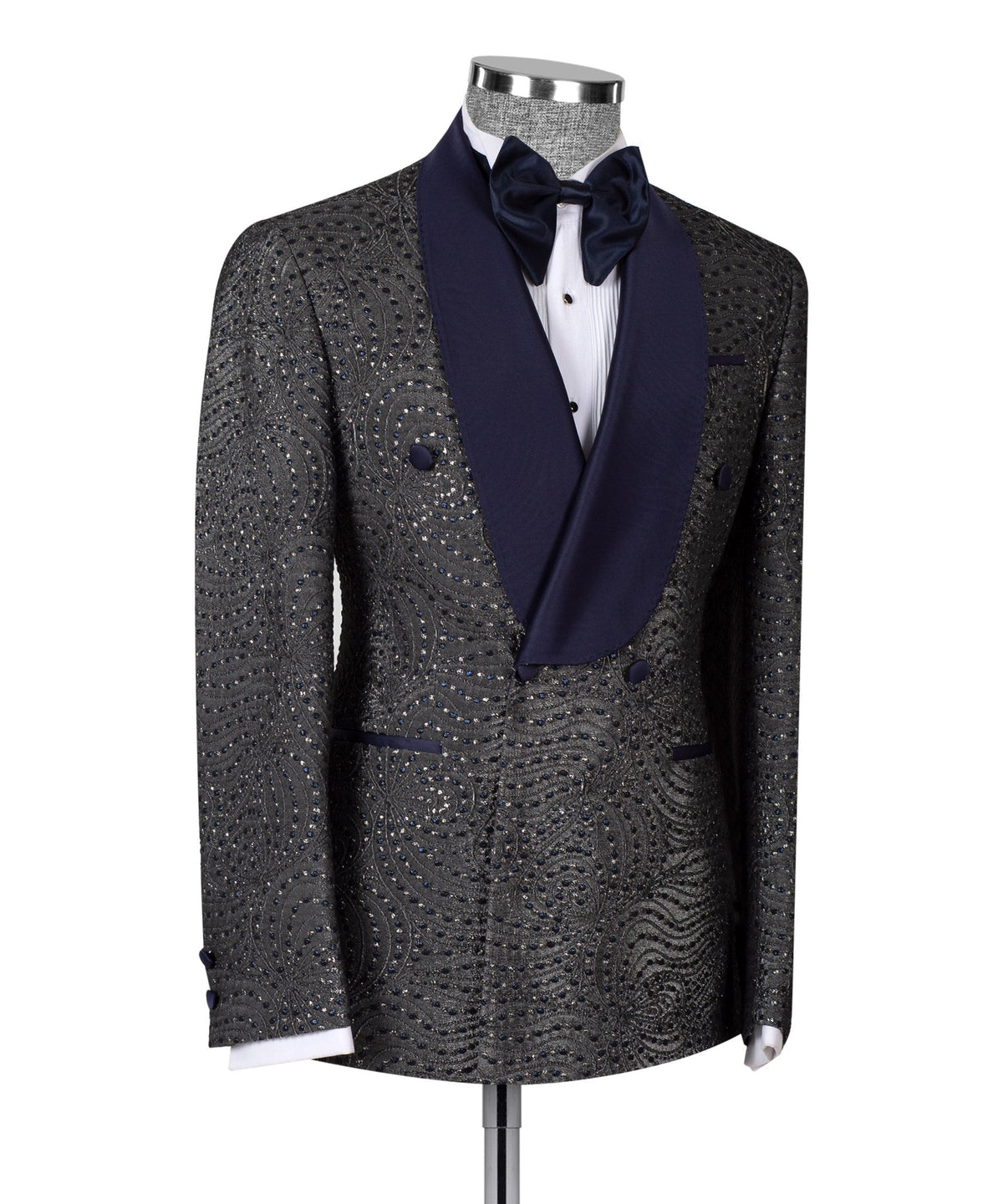 Dio Baby Lonian Men's 100% Silk Navy Blue Patterned Grey Color Double Breasted Tuxedo