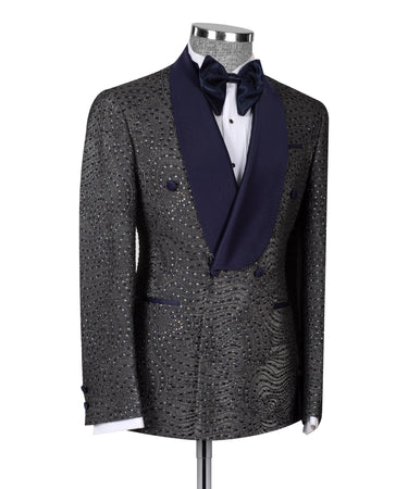 Navy Blue Patterned Grey Color Double Breasted Tuxedo