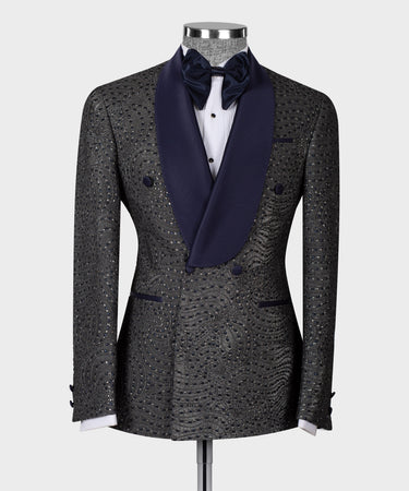 Navy Blue Patterned Grey Color Double Breasted Tuxedo