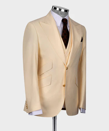 Dio Baby Lonian Men's Beige 100% Wool 3 Side Pockets Triple Classic Vest Suit Point Seam