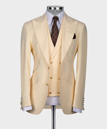 Dio Baby Lonian Men's Beige 100% Wool 3 Side Pockets Triple Classic Vest Suit Point Seam