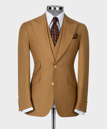 Dio Baby Lonianl Men's Camel 100% Wool Point Seam Triple Classic Suit W/ Straight Leg Trouser