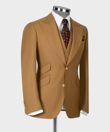 Dio Baby Lonianl Men's Camel 100% Wool Point Seam Triple Classic Suit W/ Straight Leg Trouser