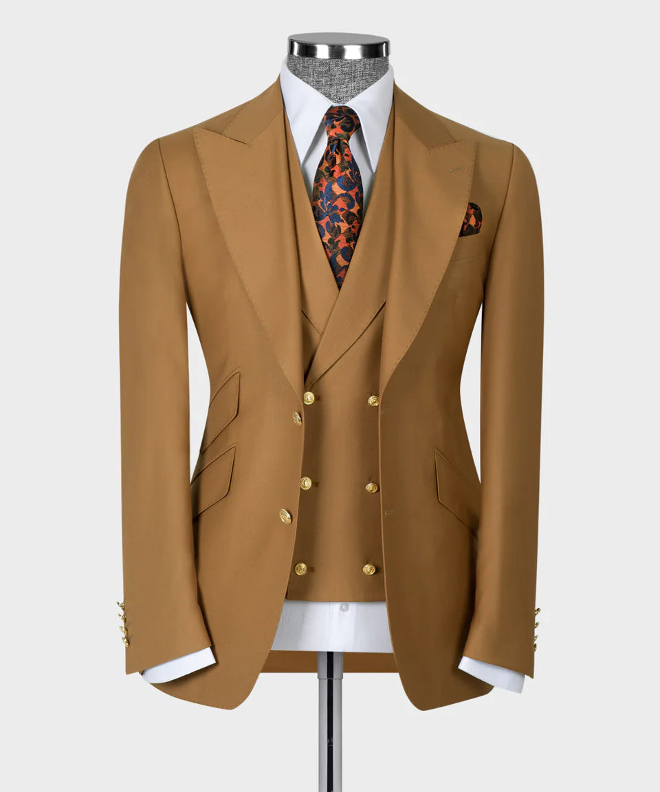 Dio Baby Lonianl Men's Camel 100% Wool Point Seam Triple Classic Suit W/ Straight Leg Trouser