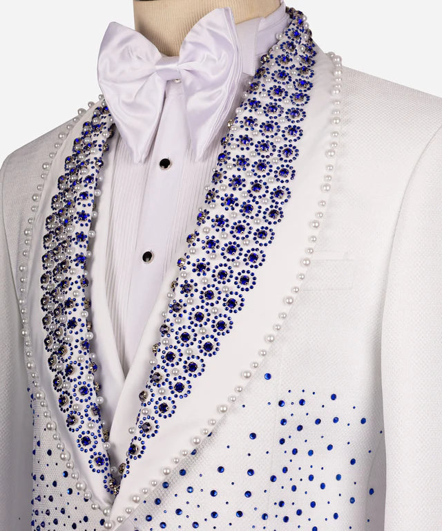 Blue Gem Stone Detailed White Custom Tuxedo