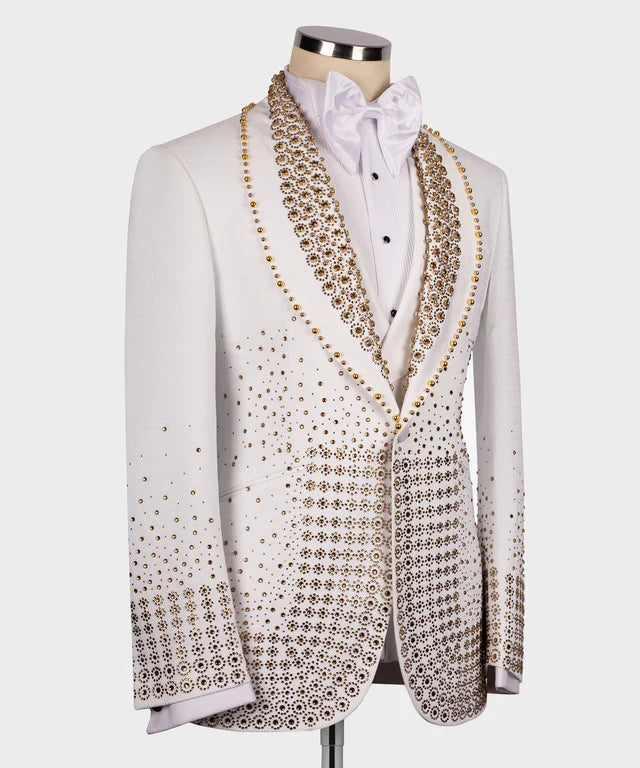 Gold Gem Stone Detailed White Custom Tuxedo