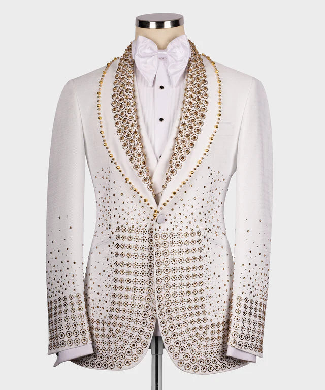 Gold Gem Stone Detailed White Custom Tuxedo