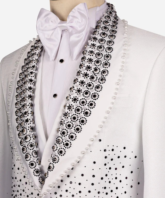 Black Gem Stone Detailed White Custom Tuxedo