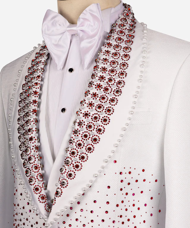 Red Gem Stone Detailed White Custom Tuxedo