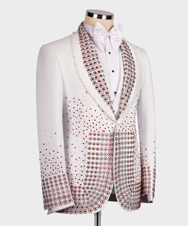 Red Gem Stone Detailed White Custom Tuxedo