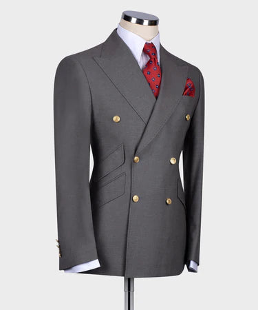 Gray Double Breasted Gold Button Men’S Suit