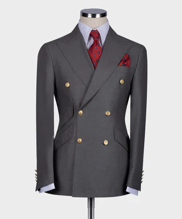 Gray Double Breasted Gold Button Men’S Suit