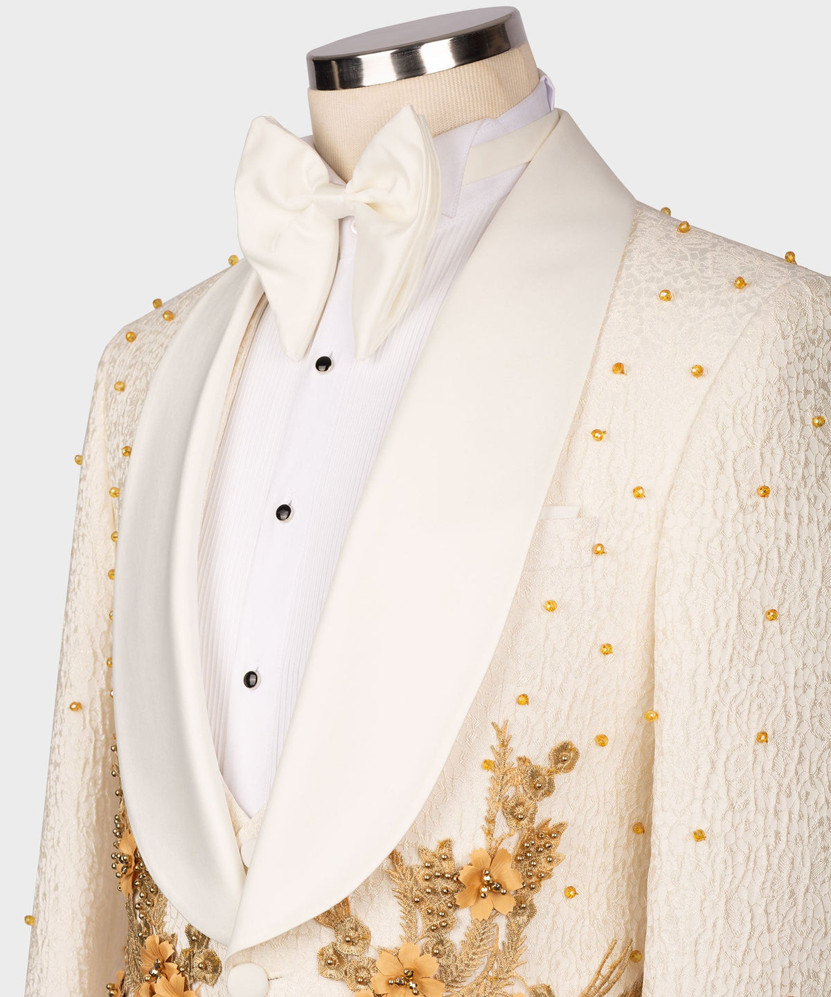 Dio Baby Lonian Men's Cream Flower Patterned Gold Tuxedo Vest Suit Trousers & Bowtie