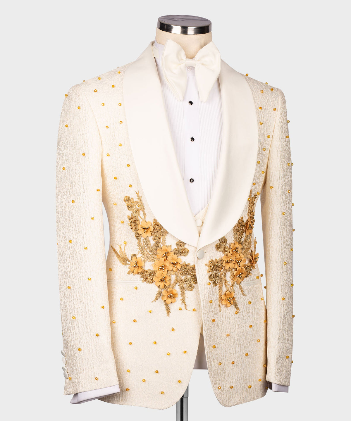 Dio Baby Lonian Men's Cream Flower Patterned Gold Tuxedo Vest Suit Trousers & Bowtie