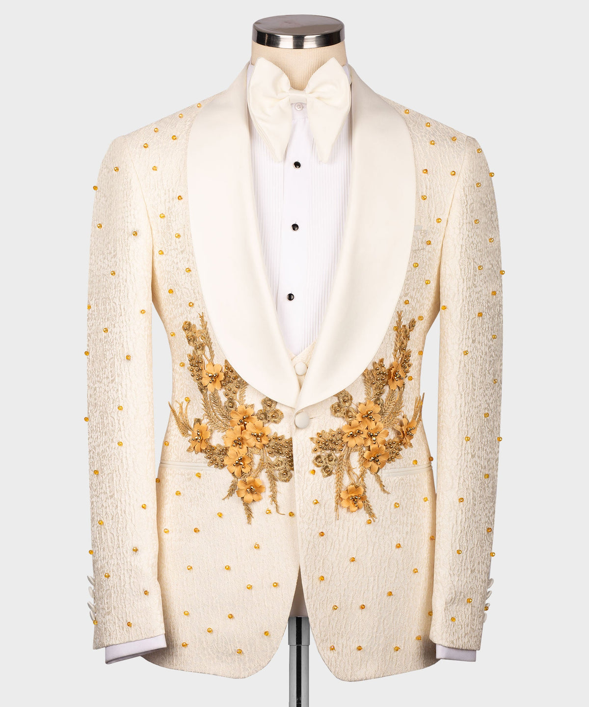 Dio Baby Lonian Men's Cream Flower Patterned Gold Tuxedo Vest Suit Trousers & Bowtie