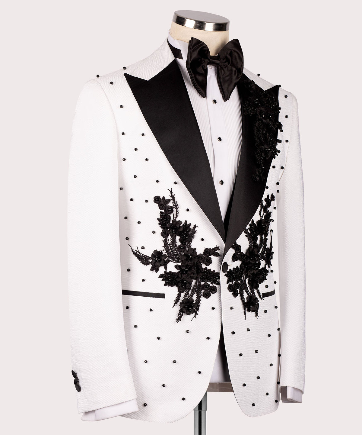 Dio Baby Lonian Men's White Flower Patterned Black Tuxedo Classic Suit W/ Pant