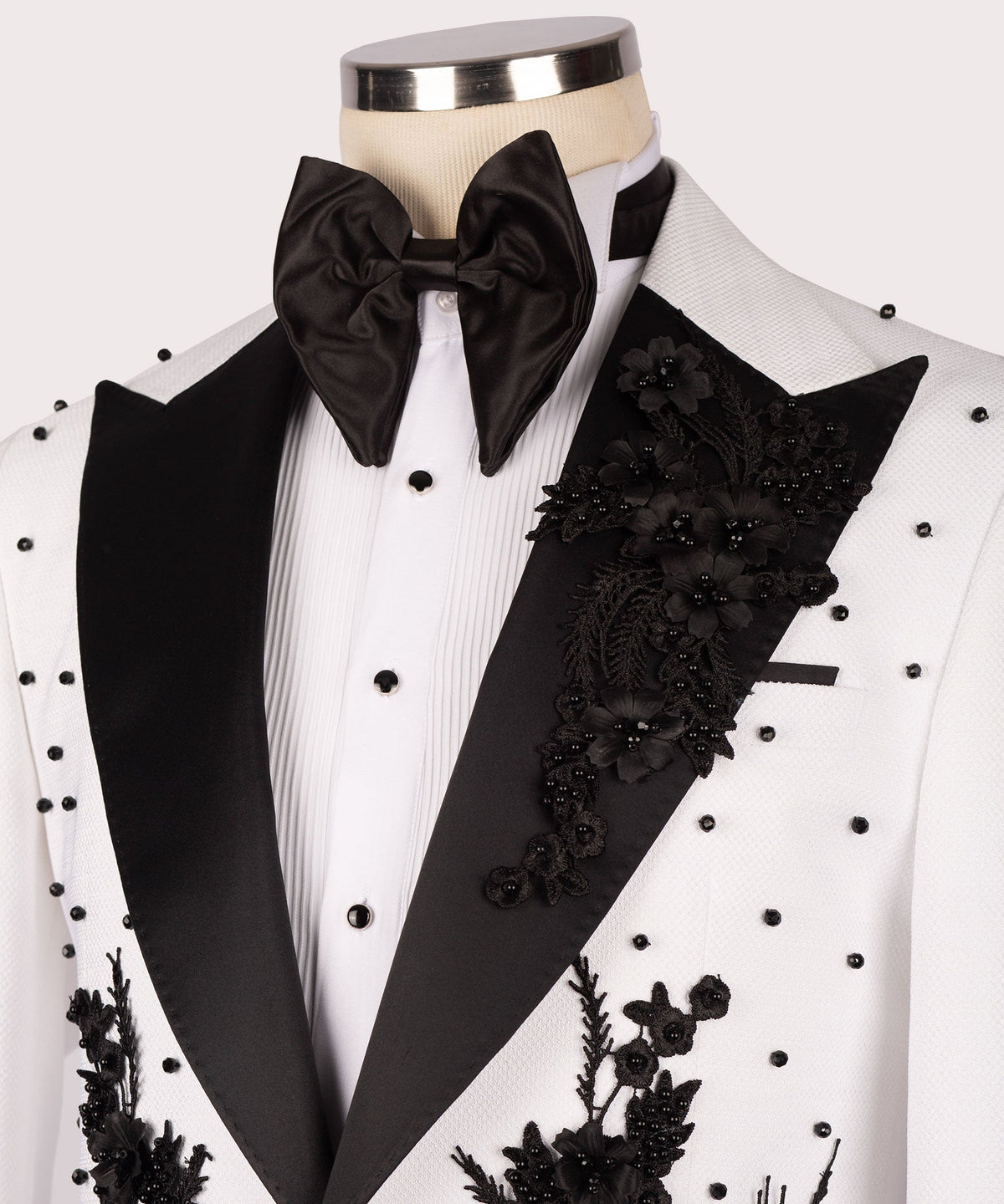 Dio Baby Lonian Men's White Flower Patterned Black Tuxedo Classic Suit W/ Pant