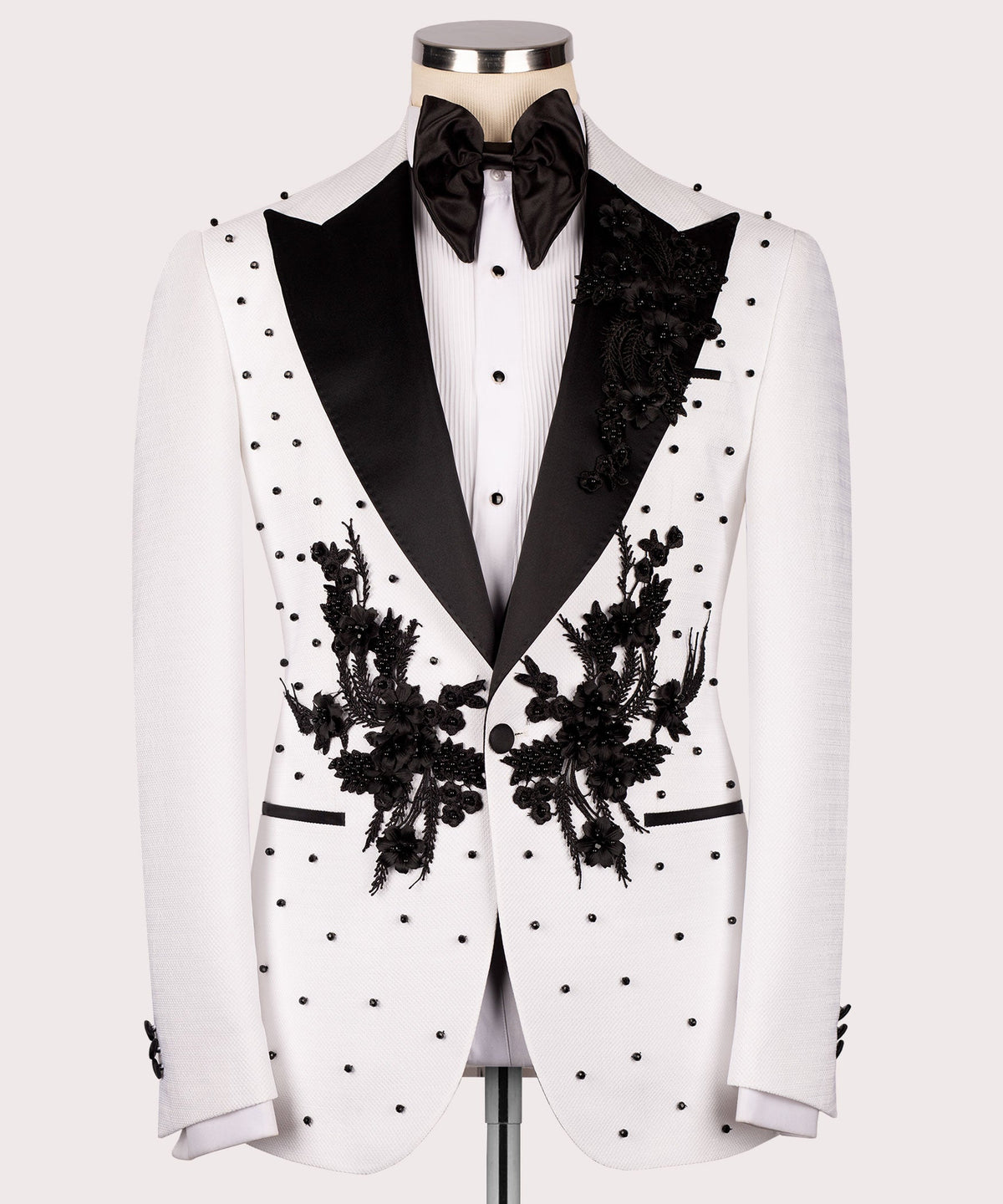 Dio Baby Lonian Men's White Flower Patterned Black Tuxedo Classic Suit W/ Pant