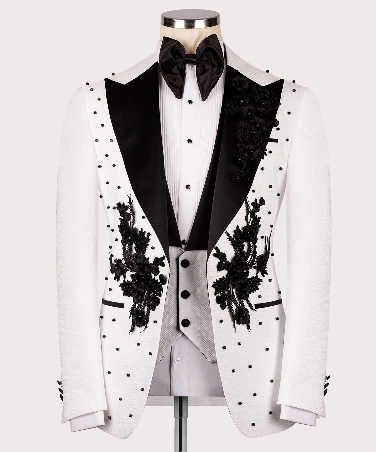 Dio Baby Lonian Men's White Flower Patterned Black Tuxedo Classic Suit W/ Pant