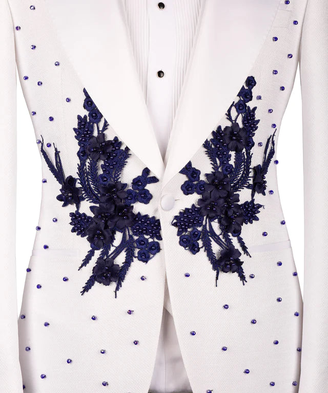 Flower Patterned White - Navy Blue Tuxedo