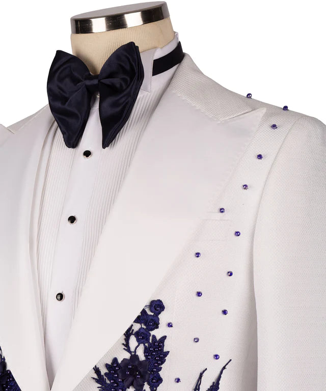 Flower Patterned White - Navy Blue Tuxedo