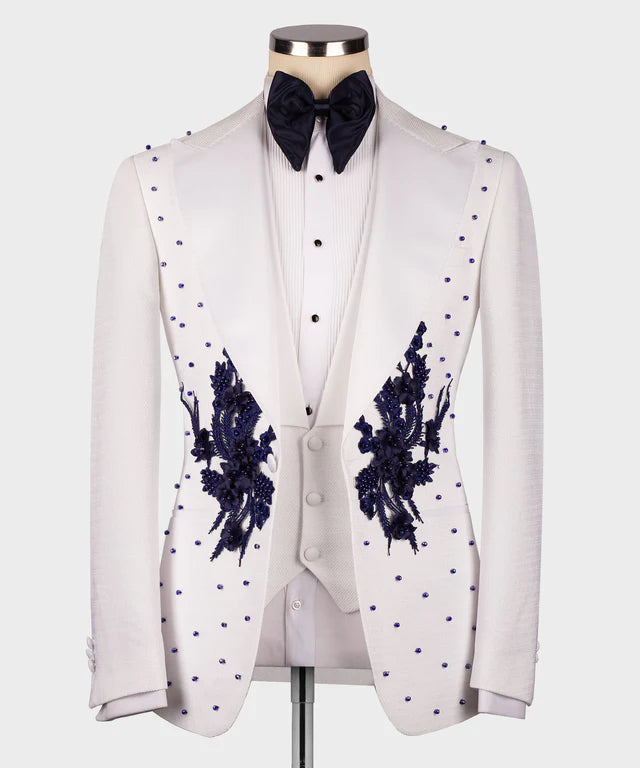 Flower Patterned White - Navy Blue Tuxedo