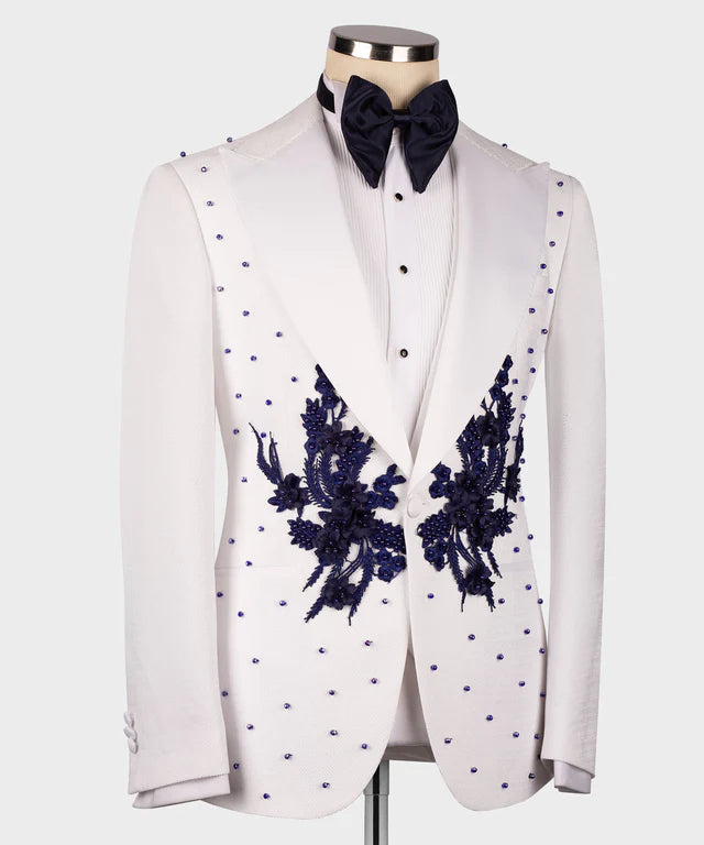 Flower Patterned White - Navy Blue Tuxedo